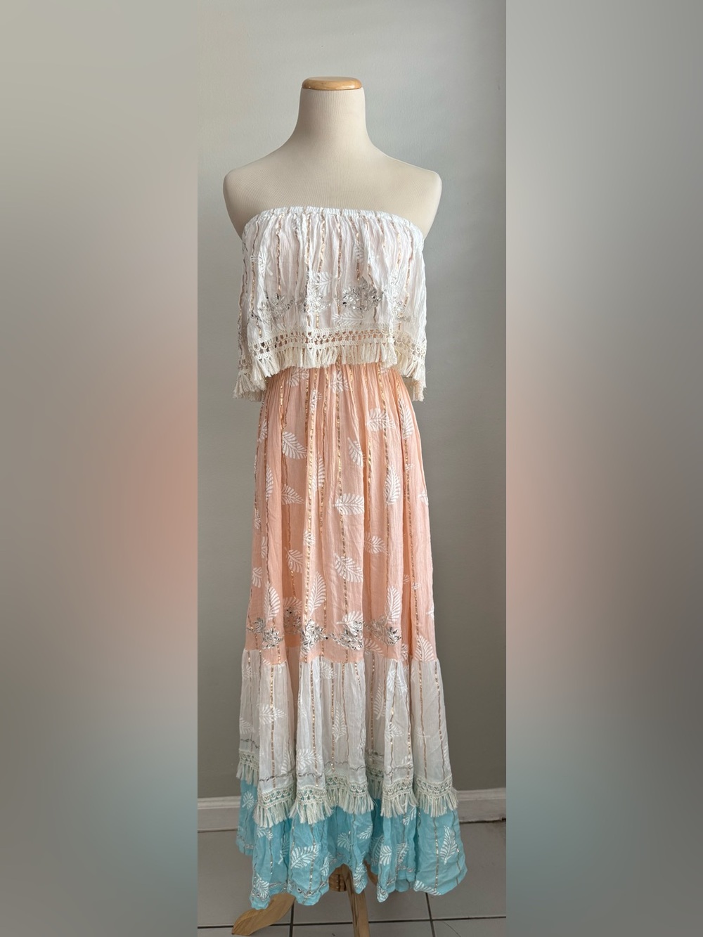 Zury | Boho Strapless Maxi Dress in Peach, White & Aqua |Small / Medium
